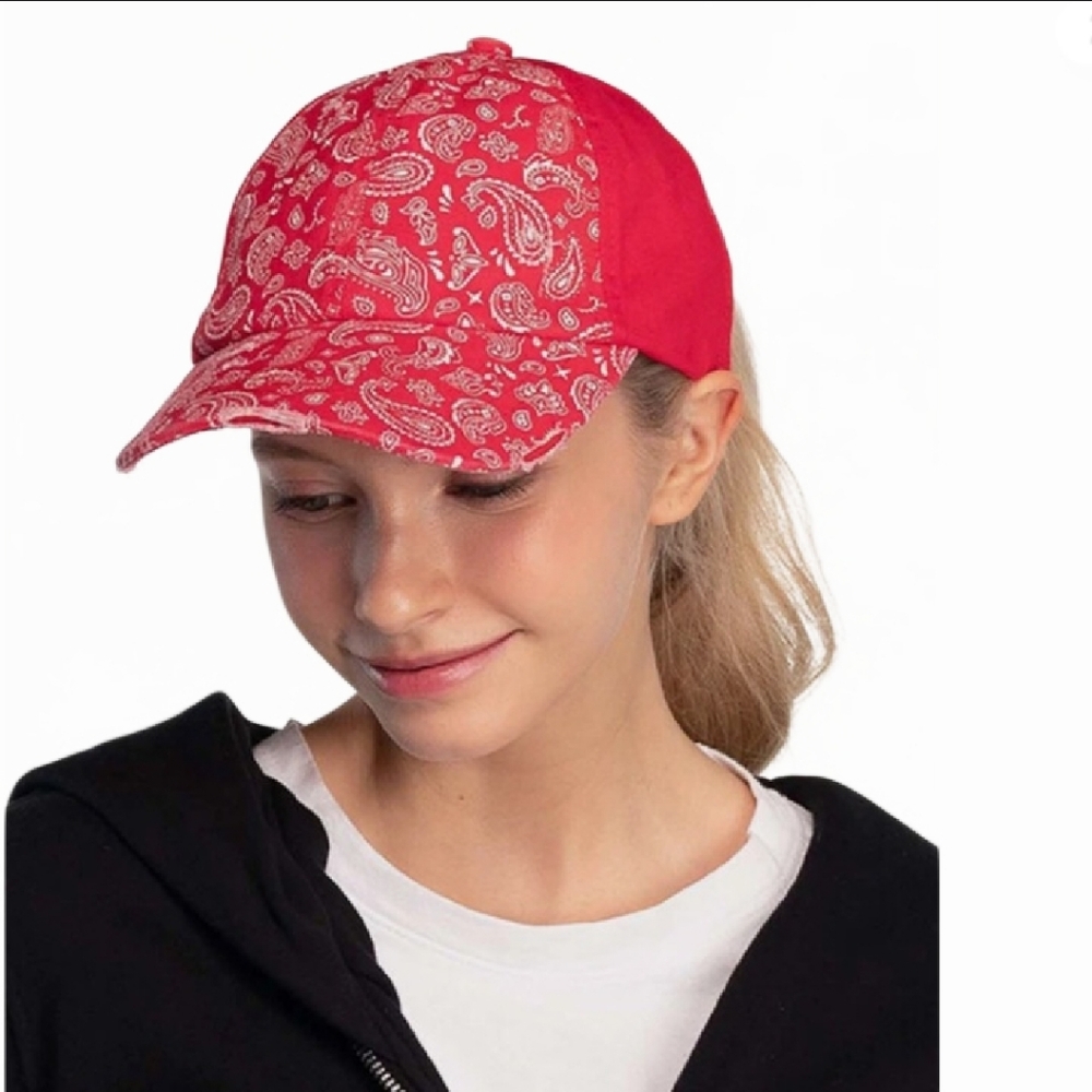 Red Paisley Criss Cross Ponytail Baseball Cap